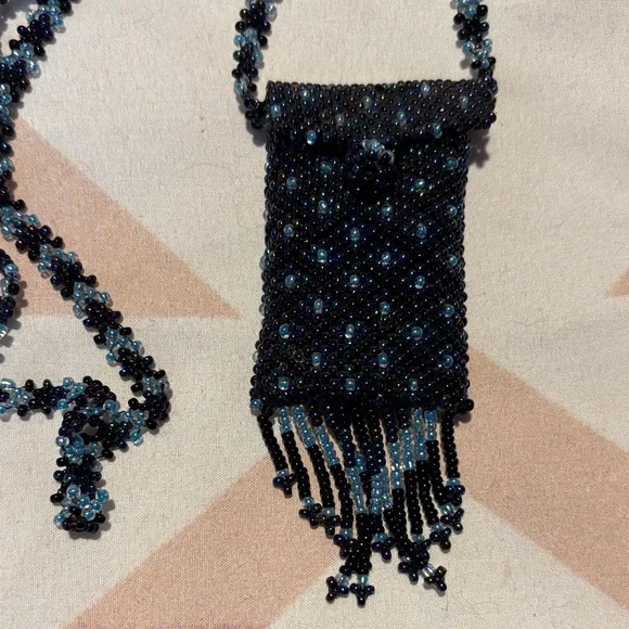 Beaded Black Medicine pouch Necklace with Fringe - Picture 2 of 3